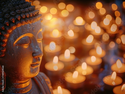 A statue of a Buddha with candles in the background © vefimov