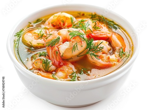 A bowl of shrimp soup with dill and carrots