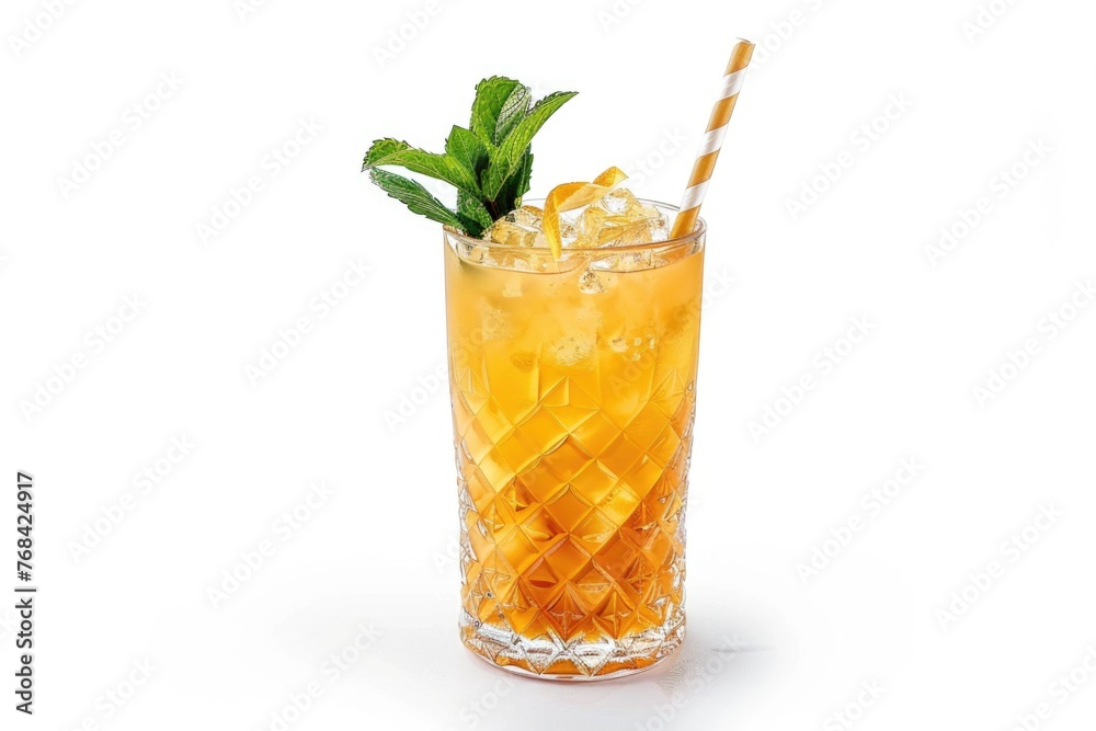 A glass of tea with a green leaf on top and a straw in it A glass of tea with a green leaf on top and a straw in it