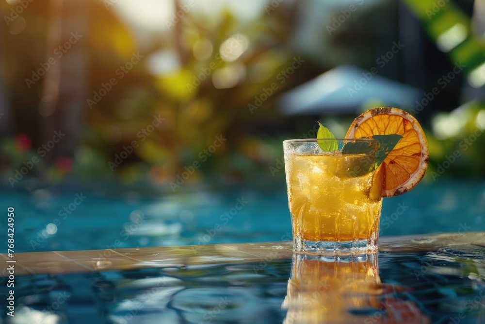 A glass of a drink with a slice of orange on top A glass of a drink with a slice of orange on top
