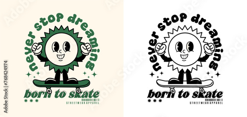 retro cartoon character sun playing skateboard, hand drawn vector illustration for t shirt design, streetwear, screen printing