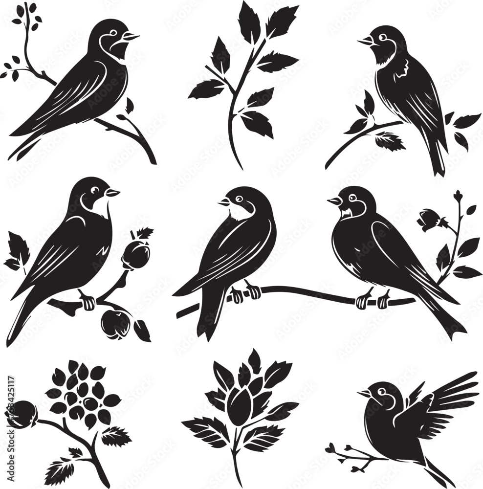 Fototapeta premium Silhouette of Sparrow birds on the branch white background 