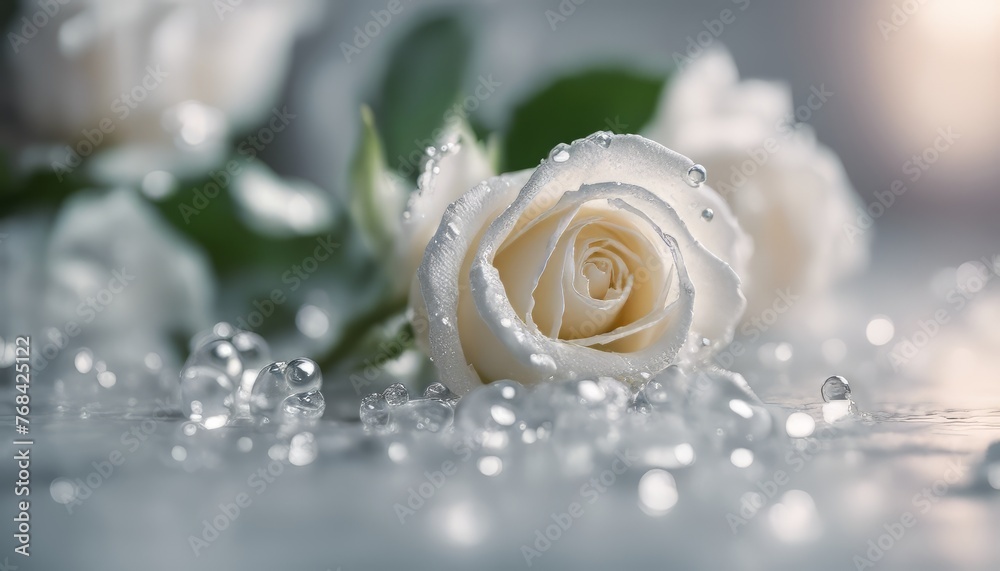 view of aesthetic white roses with drop water background image view of aesthetic white roses with drop water background image