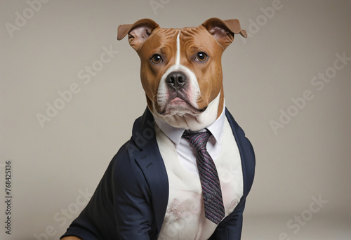 animal pet dog concept Anthromophic friendly American pit bull terrier dog wearing suite formal business suit pretending to work in coporate workplace studio shot on plain color wall colorful backgrou