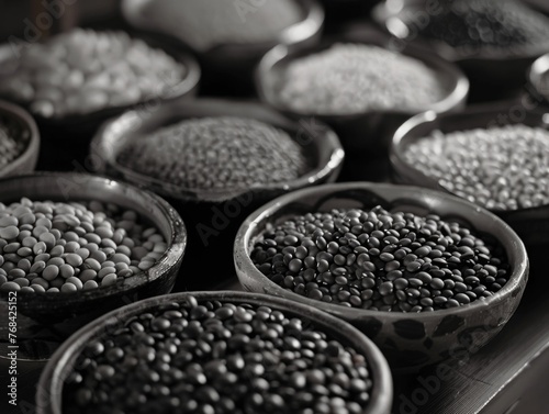 A collection of black and white bowls filled with various types of beans photo