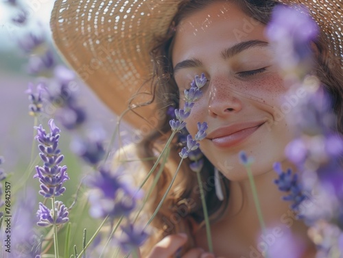 A woman wearing a straw hat is surrounded by purple flowers photo