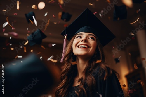 A woman in a graduation cap and gown is smiling and surrounded by confetti