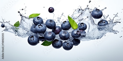 A splash of water with blueberries and green leaves floating in it