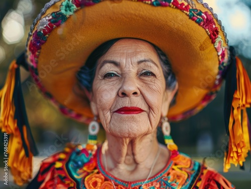 A woman in a colorful Mexican hat and dress is smiling