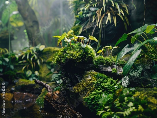 A lush green forest with a small plant growing on a rock