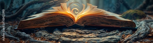 The magical book opens before you, revealing pages shaped like intricate spirals and swirls Each page tells the story photo