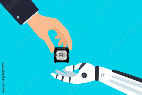 man hand give to robot ai chip artificial intelligence technology concept vector illustration 