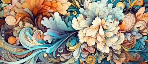Detailed view of a vibrant artwork depicting a cluster of blooms and petals in various hues and shapes
