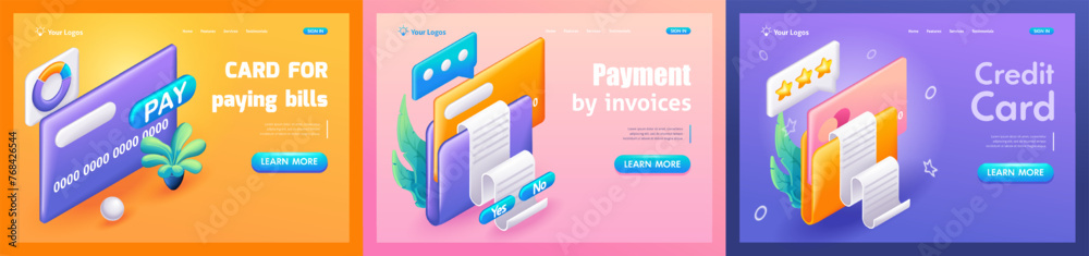 Kit Trending Landing Pages, 3D Isometric, cartoon. Card for paying bills, Payment by invoices, Credit Card. Vector illustration Kit Trending Landing Pages, 3D Isometric, cartoon. Card for paying bills, Payment by invoices, Credit Card. Vector illustration