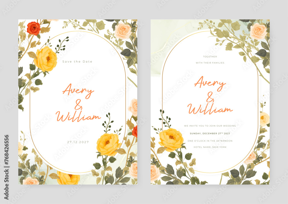 Red and yellow peony elegant wedding invitation card template with watercolor floral and leaves