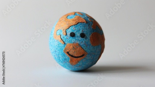 Globe with a joyful smile, shining brightly against a crisp white backdrop, embodying global happiness