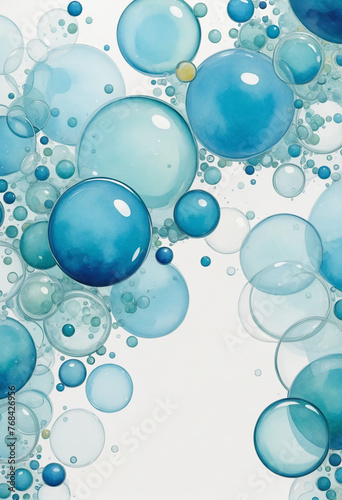 cluster of cerulean and baby blue bubbles, watercolor paint abstract border frame for design layout, isolated on a transparent background, colorful background