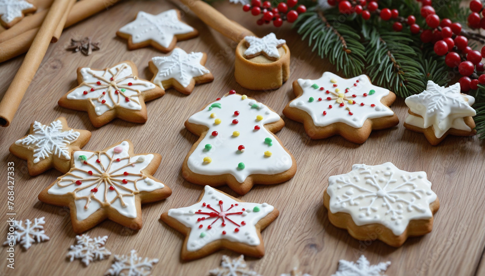 Christmas sweets and star-shaped cookies colorful background