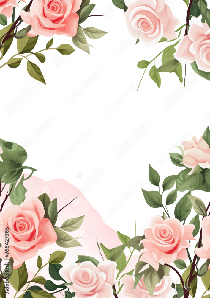 Pink green and white invitation background bouquet watercolor painting with flora and flower