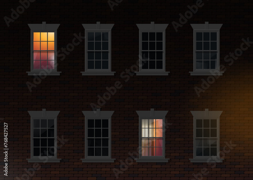 brick house facade wall night window  light illumination front view vector illustration