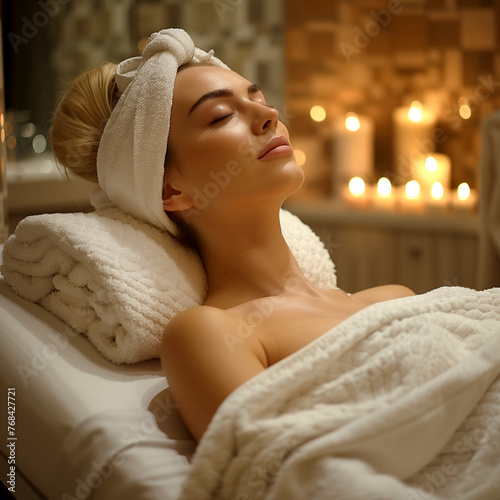 Young woman relaxing after a working day in a spa salon