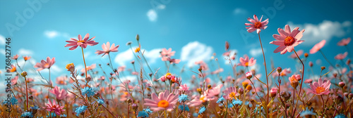 sunny day vibrant nature scenery ideal for background or wallpaper,Spring flowers background and blue sky Hello spring Copy space