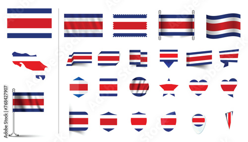 set of Costa Rica flag, flat Icon set vector illustration. collection of national symbols on various objects and state signs. flag button, waving, 3d rendering symbols