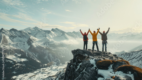 The image can be described as A woman in business attire stands triumphantly atop a snowy mountain peak, symbolizing success and adventure in a vast natural landscape photo