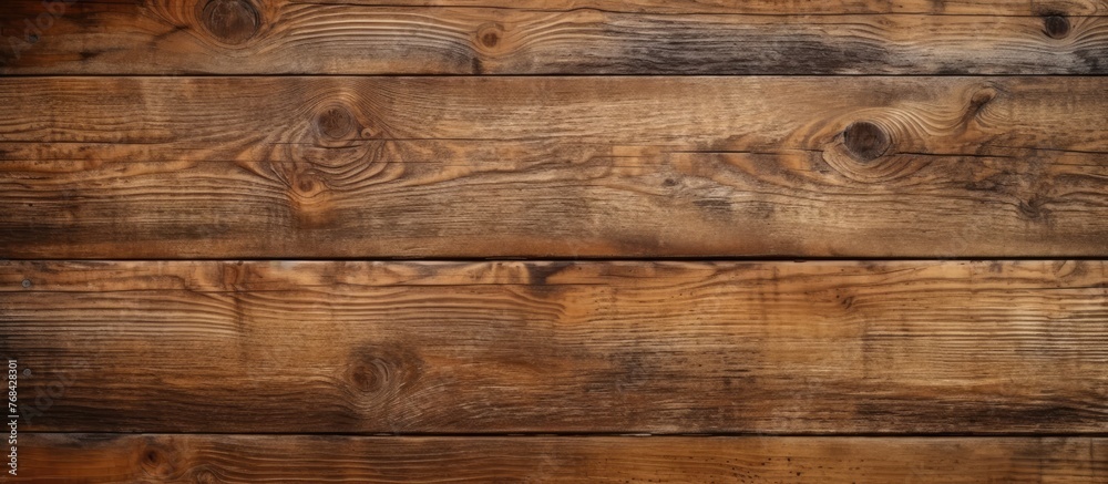 Fototapeta premium A closeup of a brown hardwood plank flooring with a grainy texture, showcasing the natural wood stain and pattern of the lumber