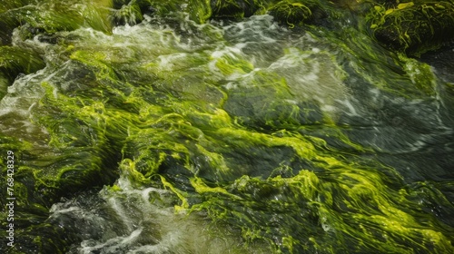 A closeup of a freshwater stream reveals the presence of thick tangled mats of noxious green algae blanketing the waters surface.