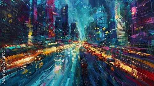 Vibrant streaks of light stretching across the horizon painting a whimsical portrait of a citys evening rush.