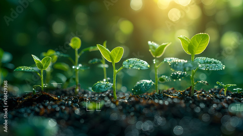 Sustainable Growth:Seedlings Emerging from Coins with a Tech-Infused Backdrop
