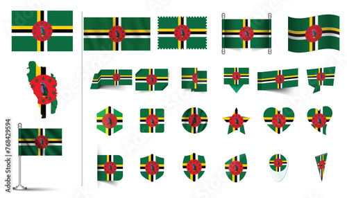 set of Dominica flag, flat Icon set vector illustration. collection of national symbols on various objects and state signs. flag button, waving, 3d rendering symbols
