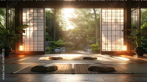 Zen Garden View from Traditional Japanese Room at Sunset