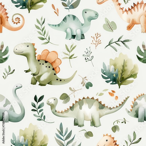 Dreamy Jurassic seamless pattern  watercolor dinos and foliage  pastel palette  nursery wall magic  captivating detail