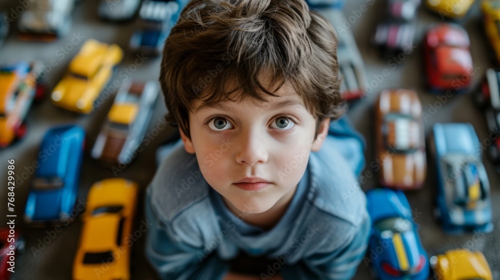 Cute funny boy playing on floor with toy cars. hot wheels car around kid. Toys for preschool and kindergarten. Children at home or daycare. Top view Cute funny boy playing on floor with toy cars. hot wheels car around kid. Toys for preschool and kindergarten. Children at home or daycare. Top view