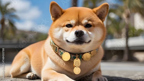 Wearing a dogecoin collar, a Shiba Inu photo