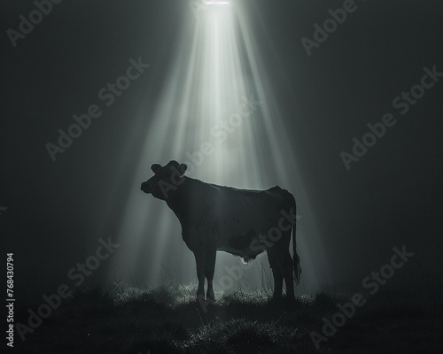 A minimalist artwork capturing the silhouette of a cow bathed in the intense, glowing light from a UFO above, with a simple, monochrome palette that emphasizes the stark contrast between the darkness 
