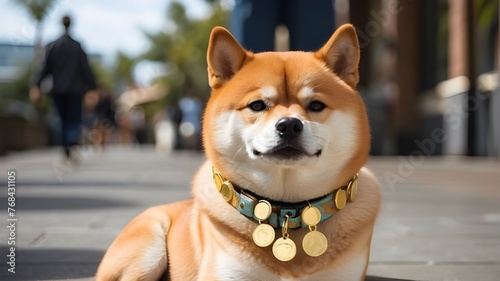 Wearing a dogecoin collar, a Shiba Inu