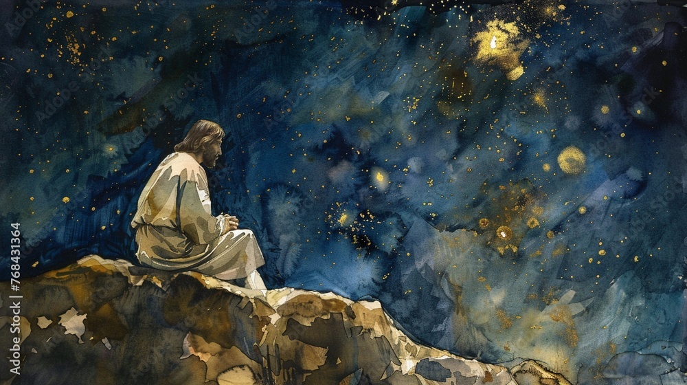 Jesus praying on Mount of Olives gold watercolor night sky against white Jesus praying on Mount of Olives gold watercolor night sky against white