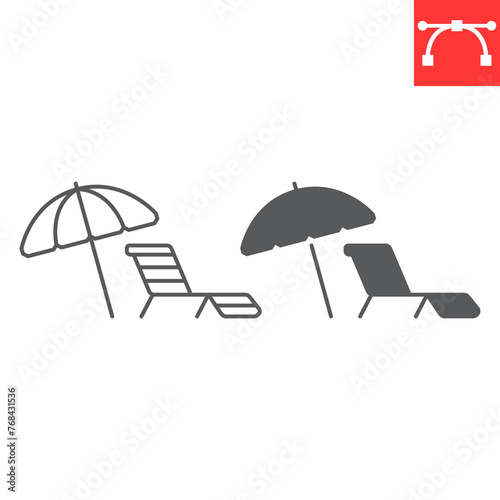 Umbrella and sun lounger line and glyph icon, summer and vacation, parasol and sunbed vector icon, vector graphics, editable stroke outline sign, eps 10.