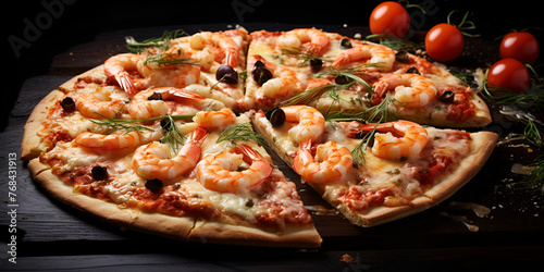 Seafood Pizza, Pizza with shrimps, Front view, Wooden board background, pizza isolated, Generative AI