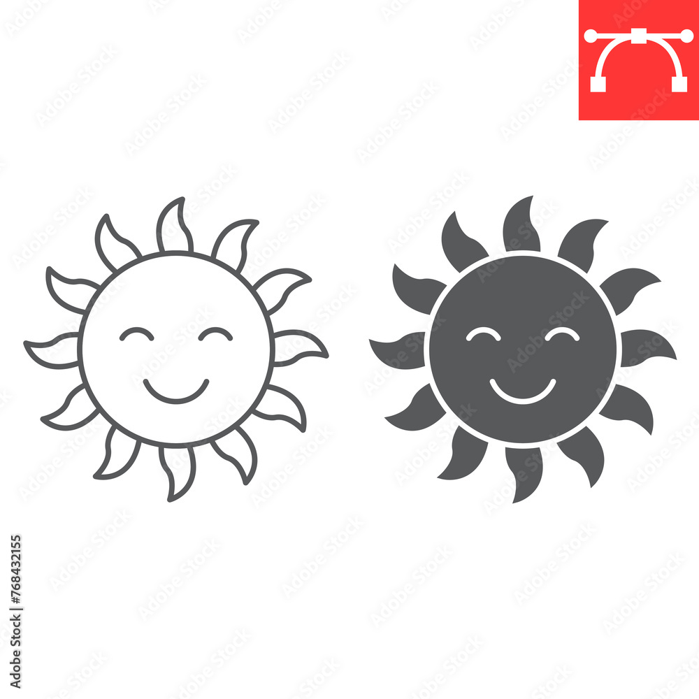 Sun character line and glyph icon, summer and weather, happy sun vector icon, vector graphics, editable stroke outline sign, eps 10. Sun character line and glyph icon, summer and weather, happy sun vector icon, vector graphics, editable stroke outline sign, eps 10.