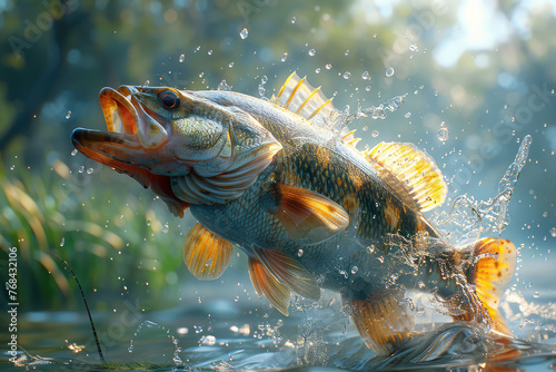 A beautiful big bass fish jumping out of the water, splashes around it, photorealistic. Created with Ai © Artistic Assets