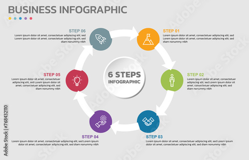 Visual data presentation. Cycle diagram with 6 options. Pie Chart Circle infographic template with 6 steps, options, parts, segments. Business concept. Marketing infographic vector illustration. photo