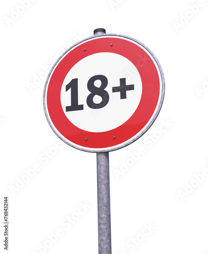 3d rendering of a traffic sign - 18 sign warning symbol isolated on white background.  18 plus - censored - eighteen age older adult content.