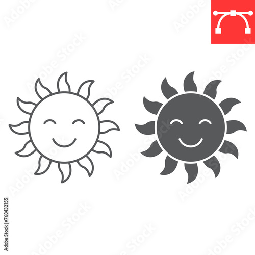 Sun character line and glyph icon, summer and weather, happy sun vector icon, vector graphics, editable stroke outline sign, eps 10.