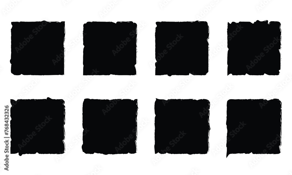 Set of jagged edge rectangle shape. Black ripped paper sheet with scratch. Grunge frame collection for sticker, collage, banner. Vector illustration isolated with white background. - obrazy, fototapety, plakaty 