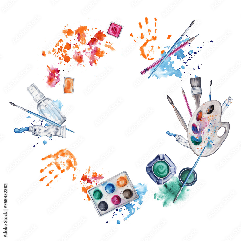 Paint and brushes round wreath with artist pallete, handprints and colorful splatter. Watercolor illustration on transparent background. Artistic surface design for wallpaper, cover pages, card