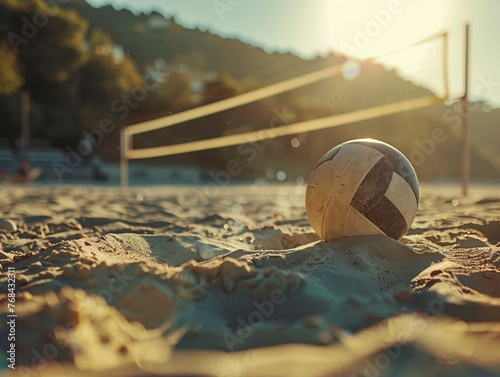 Sandcovered volleyball serve on beach, early morning light, low angle, focus on determination , professional color grading photo